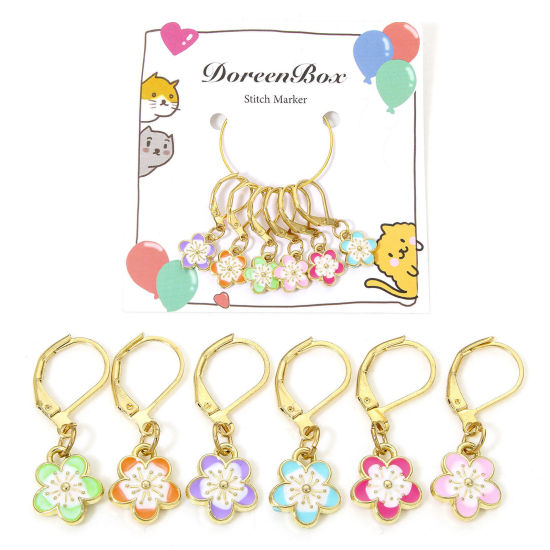1 セット (約 6個/セット) 亜鉛合金+合金 編み物用品 段数マーカー 目数段数リング ステッチマーカー 桜 さくら 金メッキ 多色 エナメル 3cm、 の画像