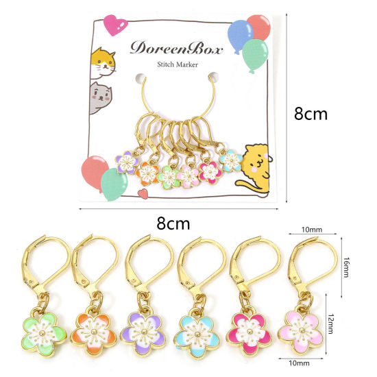 1 セット (約 6個/セット) 亜鉛合金+合金 編み物用品 段数マーカー 目数段数リング ステッチマーカー 桜 さくら 金メッキ 多色 エナメル 3cm、 の画像