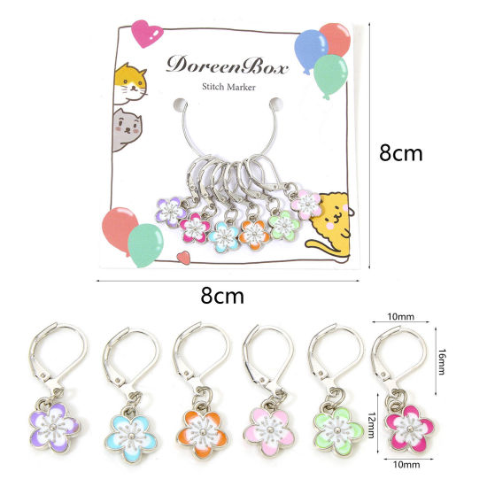 1 セット (約 6個/セット) 亜鉛合金+合金 編み物用品 段数マーカー 目数段数リング ステッチマーカー 桜 さくら シルバートーン 多色 エナメル 3cm、 の画像