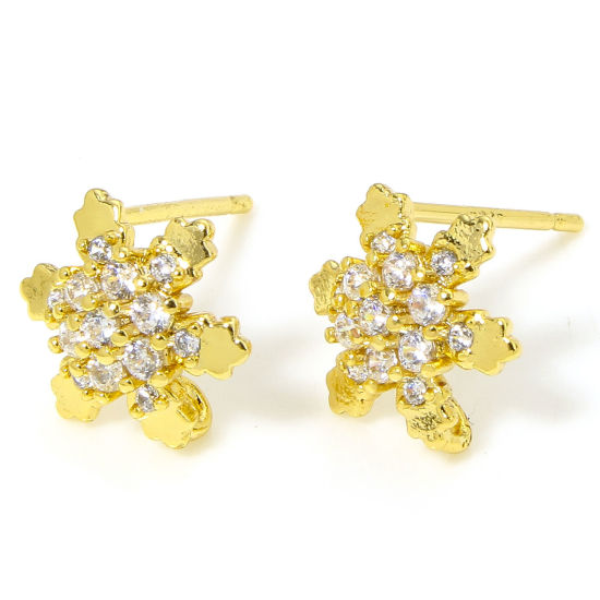 Image de 2 Pcs Boucles d'Oreilles Puces Hypoallergénique en Laiton Mignon Plaqué Or 18K Flocon de Neige de Noël à Strass Transparent avec Boucle 10mm x 9mm, Epaisseur de Fil: 0.8mm(taille 20)
