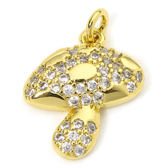 Picture of 1 Piece Eco-friendly Brass Micro Pave Charms 18K Real Gold Plated Mushroom Clear Cubic Zirconia 18mm x 13mm