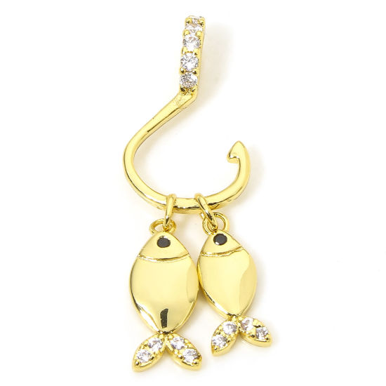Picture of 1 Piece Eco-friendly Brass Micro Pave Charms 18K Real Gold Plated Hook Fish Clear Cubic Zirconia 27mm x 9mm