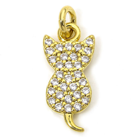Picture of 1 Piece Eco-friendly Brass Micro Pave Charms 18K Real Gold Plated Cat Animal Clear Cubic Zirconia 17mm x 7mm