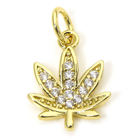 Picture of 1 Piece Eco-friendly Brass Micro Pave Charms 18K Real Gold Plated Leaf Clear Cubic Zirconia 17mm x 11mm