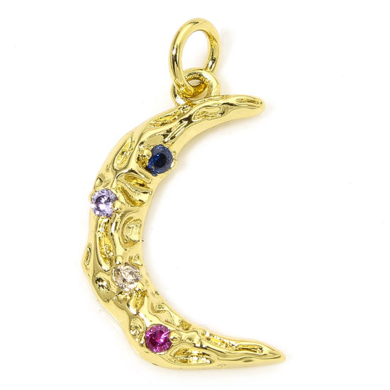 Picture of 1 Piece Eco-friendly Brass Galaxy Charms 18K Real Gold Plated Half Moon Multicolour Cubic Zirconia 23mm x 12mm