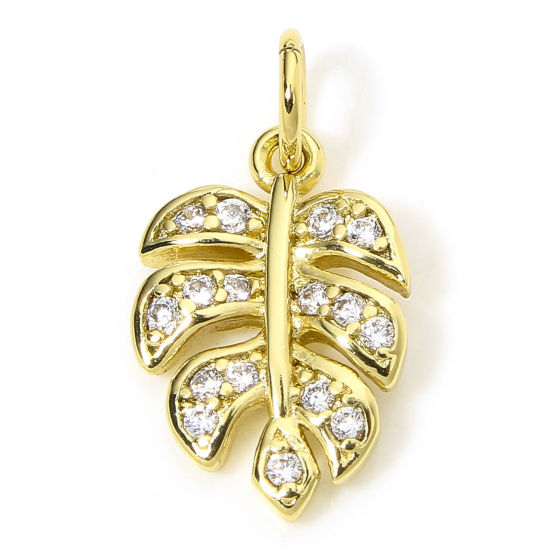 Picture of 1 Piece Eco-friendly Brass Micro Pave Charms 18K Real Gold Plated Monstera Leaf Clear Cubic Zirconia 18mm x 9mm