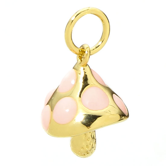 Picture of 1 Piece Eco-friendly Brass Micro Pave Charms 18K Real Gold Plated Mushroom 3D Clear Cubic Zirconia Enamel 16mm x 9mm