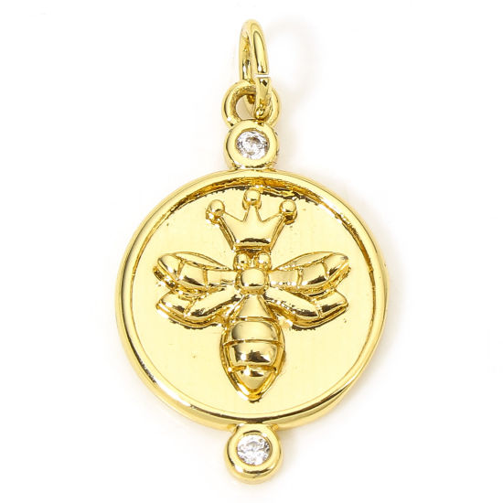 Picture of 1 Piece Eco-friendly Brass Insect Disc Charms 18K Real Gold Plated Bee Animal Clear Cubic Zirconia 25mm x 14mm