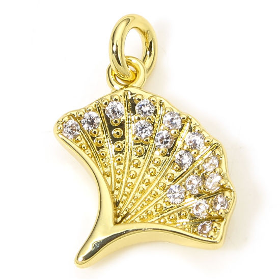 Picture of 1 Piece Eco-friendly Brass Charms 18K Real Gold Plated Gingko Leaf Clear Cubic Zirconia 14mm x 9mm
