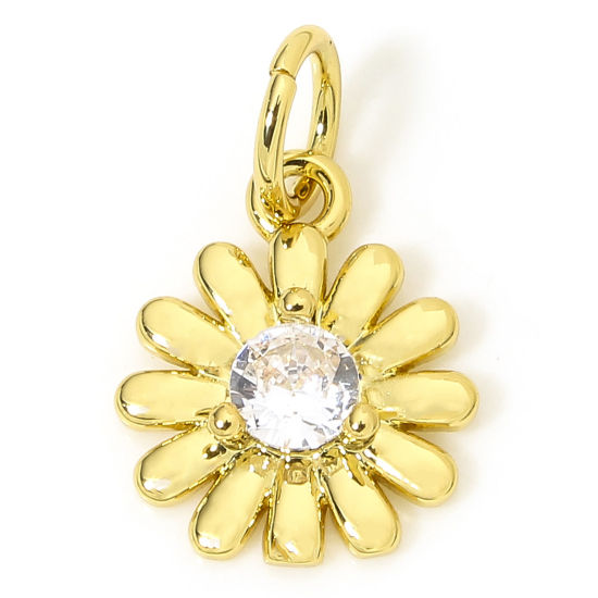 Picture of 1 Piece Eco-friendly Brass Micro Pave Charms 18K Real Gold Plated Flower Clear Cubic Zirconia 15mm x 9mm