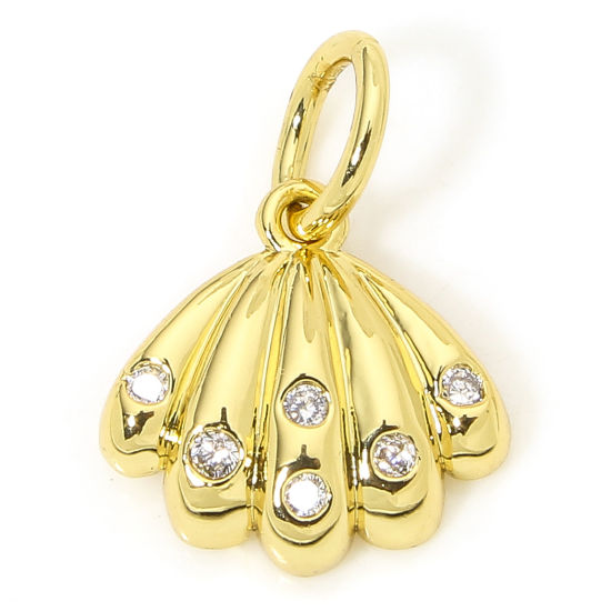 Picture of 1 Piece Eco-friendly Brass Charms 18K Real Gold Plated Shell Clear Cubic Zirconia 12mm x 10mm