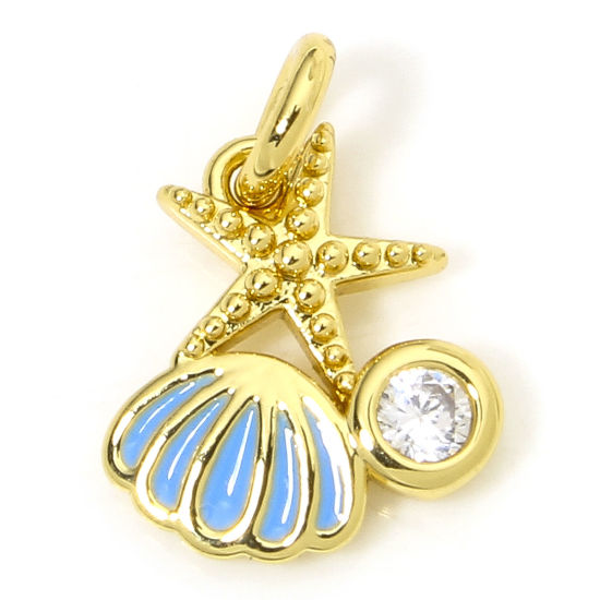 Picture of 1 Piece Eco-friendly Brass Ocean Jewelry Charms 18K Real Gold Plated Blue Shell Starfish Clear Cubic Zirconia Enamel 12mm x 9mm