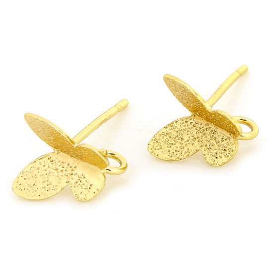 Image de 1 Paire Boucles d'Oreilles Puces Hypoallergénique en Laiton Mignon Plaqué Or 18K Papillon avec Boucle 8mm x 7.5mm, Epaisseur de Fil: 0.8mm(taille 20)