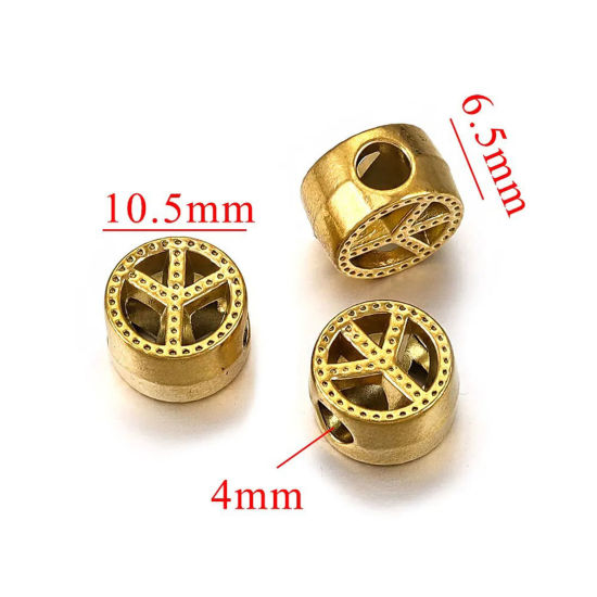 Image de 1 Pièce Perles pour DIY Fabrication de Bijoux Coulée en 304 Acier Inoxydable Respectueux de la Nature Plaqué Or 18K Plat-Rond Symboles de Paix 10.5mm x 6.5mm, Trou: env. 4mm