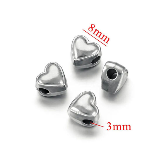 Image de 1 Pièce Perles pour DIY Fabrication de Bijoux Coulée en 304 Acier Inoxydable Respectueux de la Nature Cœur Argent Mat 8mm x 8mm, Trou: env. 3mm