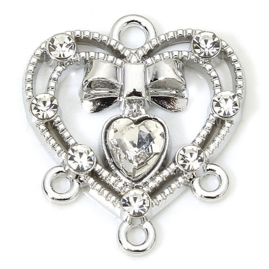 Picture of 5 PCs Zinc Based Alloy Valentine's Day Chandelier Connectors Silver Tone Heart Bowknot Hollow Clear Rhinestone 18mm x 16mm