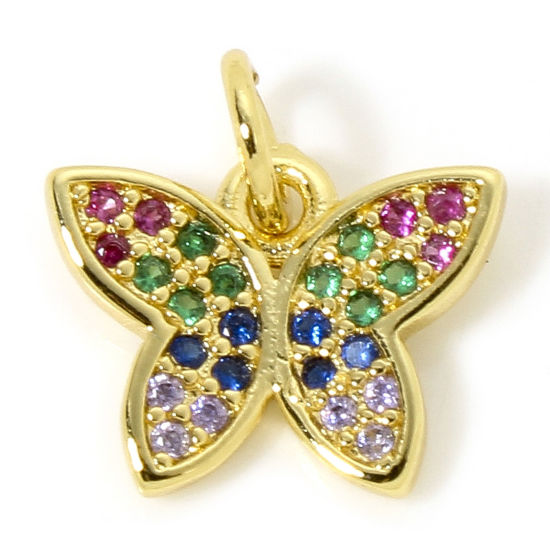 Image de 1 Pièce Breloques Insecte en Laiton Papillon Plaqué Or 18K Micro Pave à Zircone Cubique Multicolore 13mm x 13mm