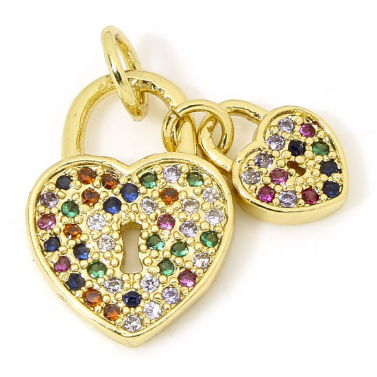 Image de 1 Pièce Breloques La Saint Valentin en Laiton Serrure Plaqué Or 18K Cœur Micro Pave à Zircone Cubique Multicolore 18mm x 10mm