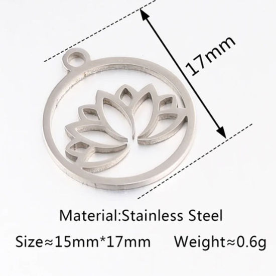 Immagine di 2 Pz 304 Acciaio Inossidabile Ciondoli Tondo Tono Argento Fiore Di Loto 17mm x 15mm