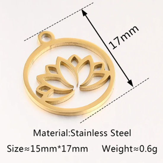 Immagine di 2 Pz Placcatura Sottovuoto 304 Acciaio Inossidabile Ciondoli Tondo Placcato Oro 18K Fiore Di Loto 17mm x 15mm