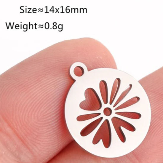 Immagine di 2 Pz 304 Acciaio Inossidabile Ciondoli Tondo Tono Argento Fiore 16mm x 14mm