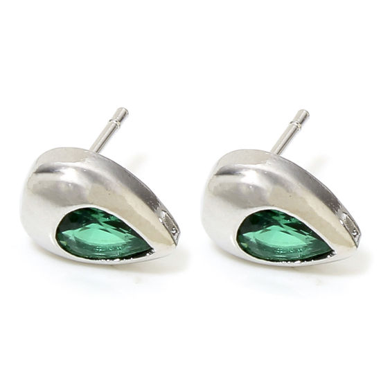 Picture of 2 PCs Eco-friendly Brass Exquisite Ear Post Stud Earrings Real Platinum Plated Drop Green Cubic Zirconia With Loop 10.5mm x 6.5mm, Post/ Wire Size: 0.8mm(20 gauge)