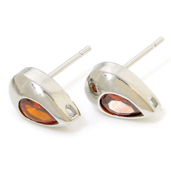 Picture of 2 PCs Eco-friendly Brass Exquisite Ear Post Stud Earrings Real Platinum Plated Drop Orange-red Cubic Zirconia With Loop 10.5mm x 6.5mm, Post/ Wire Size: 0.8mm(20 gauge)