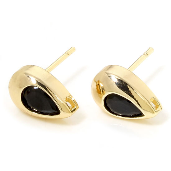 Picture of 2 PCs Eco-friendly Brass Exquisite Ear Post Stud Earrings 18K Real Gold Plated Drop Black Cubic Zirconia With Loop 10.5mm x 6.5mm, Post/ Wire Size: 0.8mm(20 gauge)