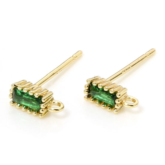Picture of 2 PCs Eco-friendly Brass Exquisite Ear Post Stud Earrings 18K Real Gold Plated Rectangle Green Cubic Zirconia With Loop 7mm x 3mm, Post/ Wire Size: 0.7mm(21 gauge)