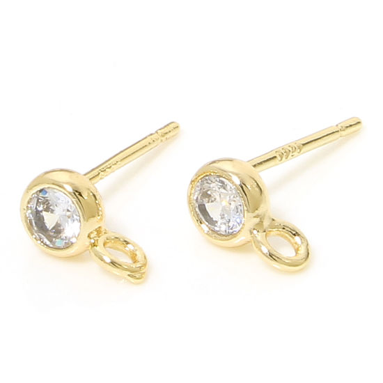 Picture of 2 PCs Eco-friendly Brass Exquisite Ear Post Stud Earrings 18K Real Gold Plated Round Clear Cubic Zirconia With Loop 7mm x 4mm, Post/ Wire Size: 0.7mm(21 gauge)