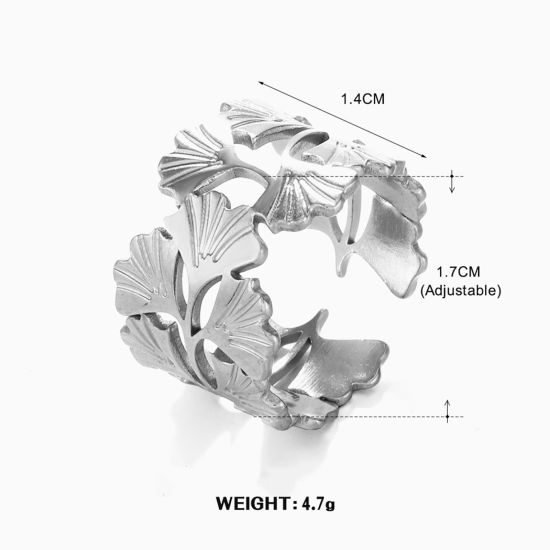 1 個 304ステンレス鋼 インスタイル ins風 オープン リング 指輪 シルバートーン イチョウ葉 17mm (日本サイズ約13号)、 の画像