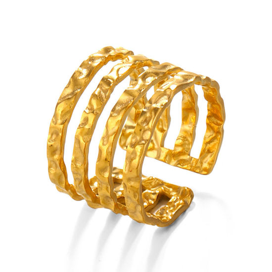 Imagen de 1 Unidad Enchapado al Vacío 304 Acero Inoxidable Martillado Abierto Anillos Chapado en Oro de 18K Geométrico Raya 17mm (US size 6.5)