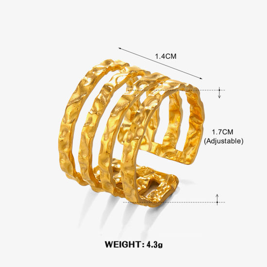 Imagen de 1 Unidad Enchapado al Vacío 304 Acero Inoxidable Martillado Abierto Anillos Chapado en Oro de 18K Geométrico Raya 17mm (US size 6.5)