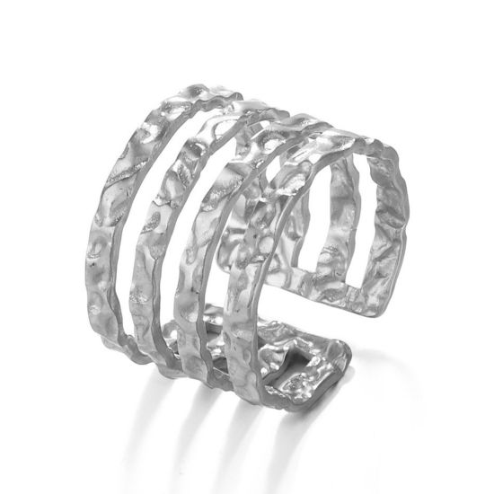 Imagen de 1 Unidad 304 Acero Inoxidable Martillado Abierto Anillos Tono de Plata Geométrico Raya 17mm (US size 6.5)