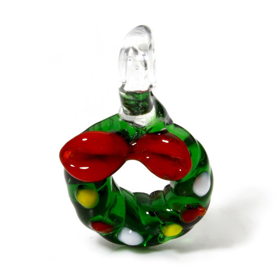 Immagine di 1 Pz Lampwork Vetro Ciondoli Pendenti Corona di Natale Verde 3D 29mm x 18mm