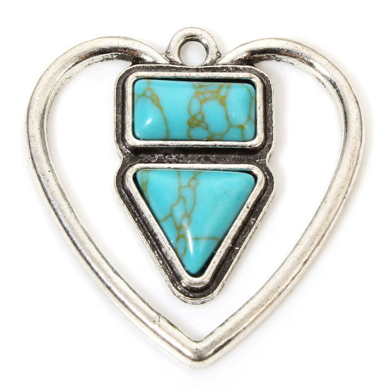 Image de 5 Pcs Pendentifs Style Bohème en Alliage de Zinc Argent Vieilli Cœur Avec Cabochons en Résine Turquoise Imitation 3cm x 3cm