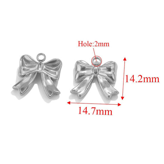 Image de 2 Pcs Breloques en 304 Acier Inoxydable Placage sous Vide Nœuds Papillon Argent Mat 14.7mm x 14.2mm 