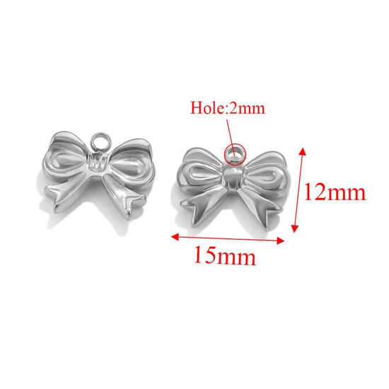 Image de 2 Pcs Breloques en 304 Acier Inoxydable Placage sous Vide Nœuds Papillon Argent Mat 15mm x 12mm 