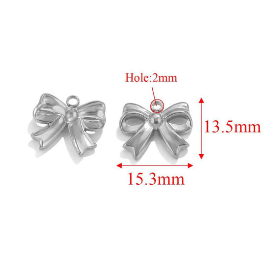 Image de 2 Pcs Breloques en 304 Acier Inoxydable Placage sous Vide Nœuds Papillon Argent Mat 15.3mm x 13.5mm 