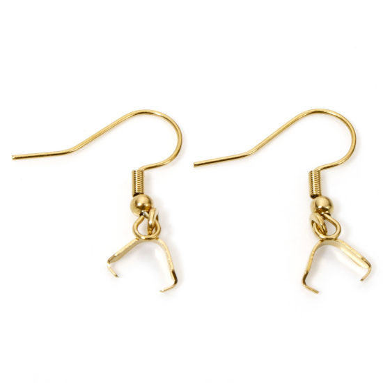 Picture of 10 PCs Vacuum Plating 304 Stainless Steel Ear Wire Hooks Earrings For DIY Jewelry Making Accessories 18K Gold Plated With Pinch Clip 27mm x 21mm, Post/ Wire Size: (21 gauge)