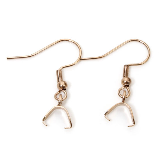 Picture of 10 PCs Vacuum Plating 304 Stainless Steel Ear Wire Hooks Earrings For DIY Jewelry Making Accessories Rose Gold With Pinch Clip 27mm x 21mm, Post/ Wire Size: (21 gauge)
