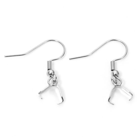 Picture of 10 PCs 304 Stainless Steel Ear Wire Hooks Earrings For DIY Jewelry Making Accessories Silver Tone With Pinch Clip 27mm x 21mm, Post/ Wire Size: (21 gauge)