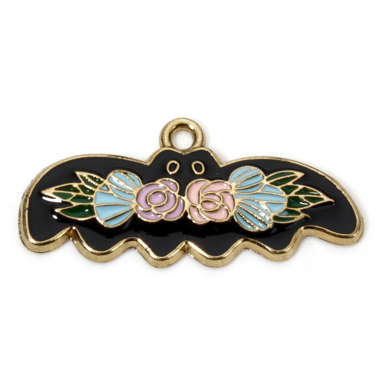 Picture of 10 PCs Zinc Based Alloy Halloween Charms Gold Plated Multicolor Halloween Bat Animal Flower Enamel 3.2cm x 1.5cm