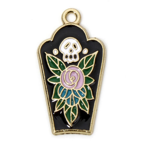 Picture of 10 PCs Zinc Based Alloy Halloween Charms Gold Plated Multicolor Coffin Flower Enamel 28mm x 15mm