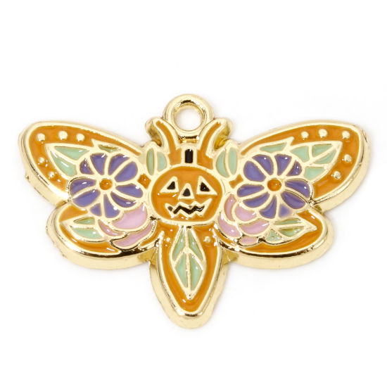Picture of 10 PCs Zinc Based Alloy Halloween Charms Gold Plated Multicolor Moth Flower Enamel 28mm x 20mm