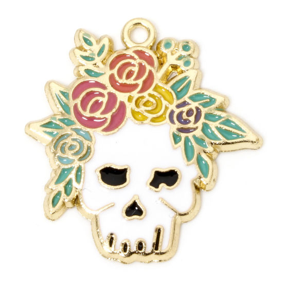 Picture of 10 PCs Zinc Based Alloy Halloween Charms Gold Plated Multicolor Skull Flower Enamel 3cm x 2.8cm