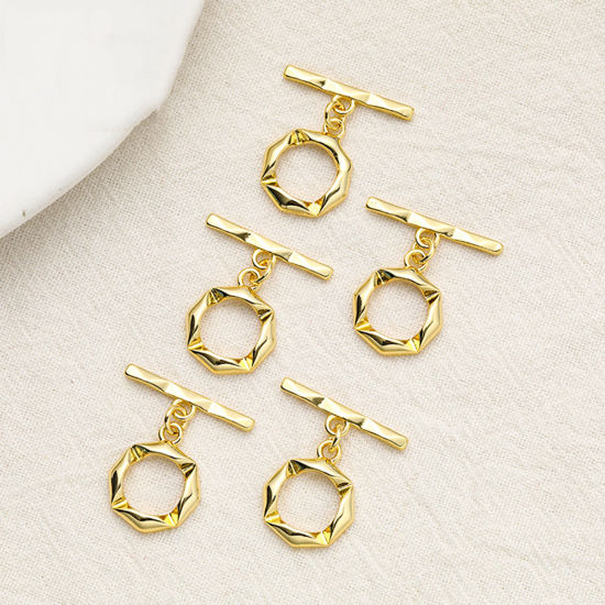 Image de 1 Pièce Fermoir Toggle en Laiton Respectueux de la Nature Gaufrage Plaqué Or 18K 20mm