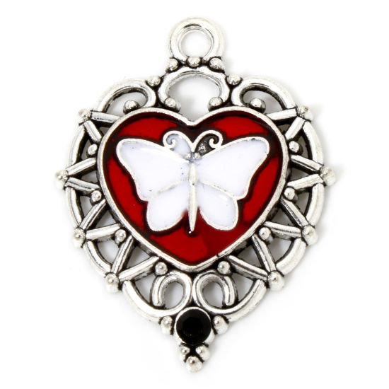 Image de 5 Pcs Pendentifs Halloween en Alliage de Zinc Argent Vieilli Blanc & Rouge Cœur Papillons à Strass Noir Émail 3.4cm x 2.6cm