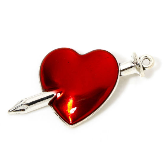 Image de 5 Pcs Pendentifs Halloween en Alliage de Zinc Argent Vieilli Rouge Clou Cœur Émail 3.8cm x 2.1cm