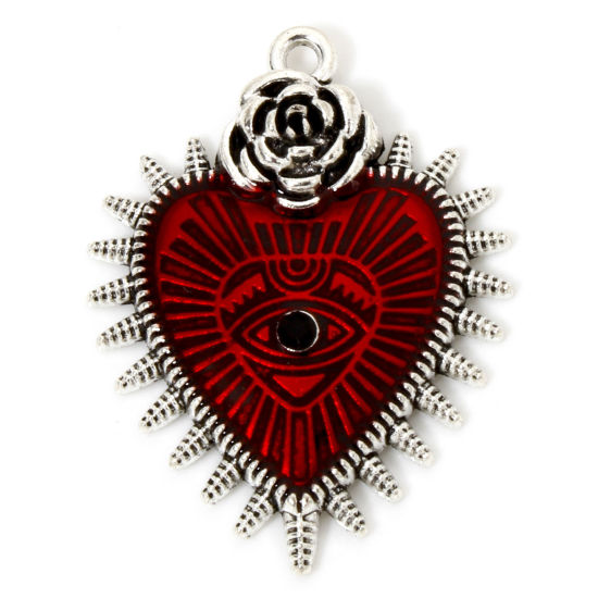 Image de 5 Pcs Pendentifs Halloween en Alliage de Zinc Argent Vieilli Rouge Coeur de Ex-Voto Oeil de la Providence/ Oeil Qui Voit Tout à Strass Noir Émail 3.3cm x 2.5cm